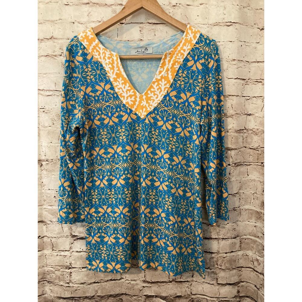 Ava Lynn Top Womens‎ Large Tunic Turquoise Medallion Print Long Sleeve Stretch